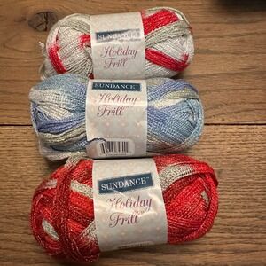 Sundance Holiday Frill Yarn Lot of 3 Red Blue Silver Metallic Ruffle Yarn 100g